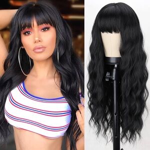 Black Wavy Long Hair Wig with Bangs